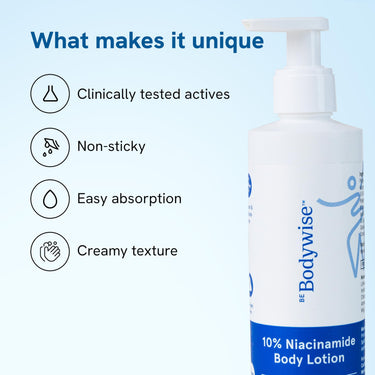 Be Bodywise 10% Niacinamide Brightening Body Lotion 200ml | 48Hr Moisturization | Aloe Vera Extract & Almond Oil | Repairs Skin Barrier, Reduces Acne Marks & Nourishes | For All Skin Types